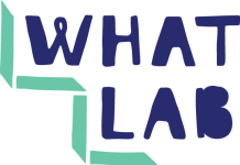 What Lab logo in handwritten sans serif text, over a green staircase